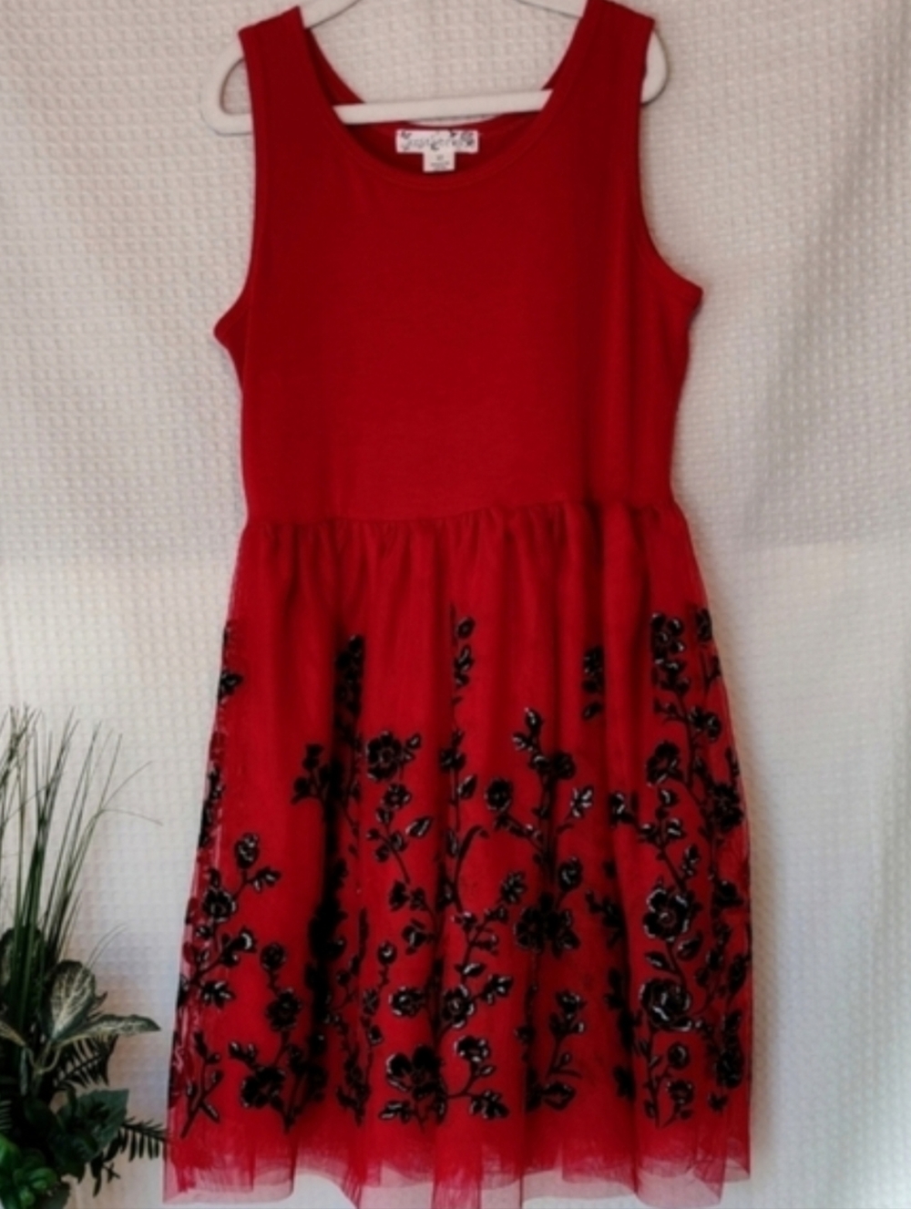 Knit Works Girls Sleeveless Red Dress, Black Floral embellished Overlay Skirt 10